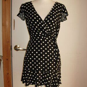 Black White Polka Dot Faux Wrap Dress S